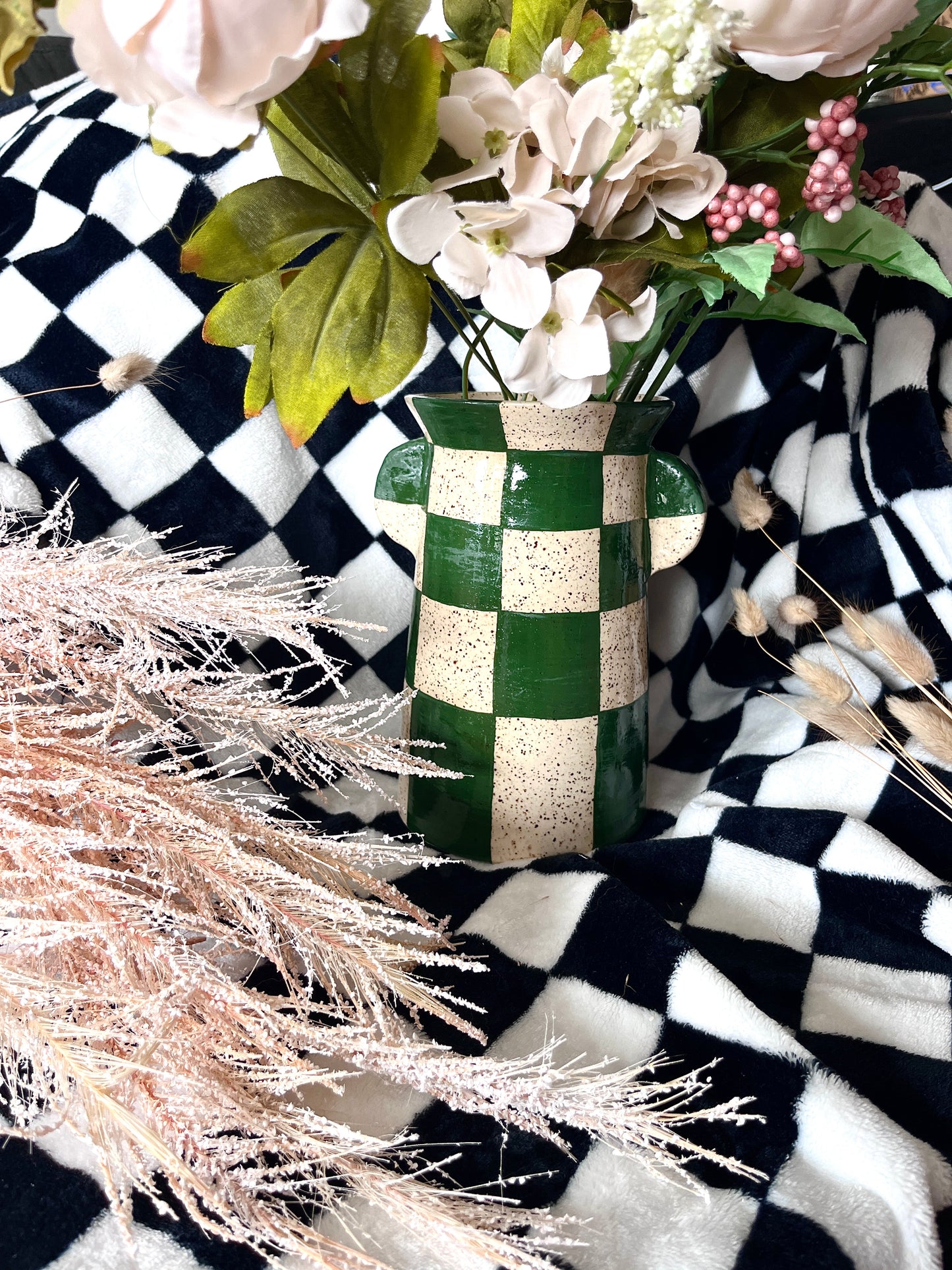 Green checker utensil holder vase